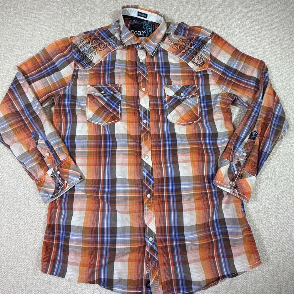 Roar Signature Men XL Orange Blue Embroidered Long Slve Pearl Snap Western Shirt